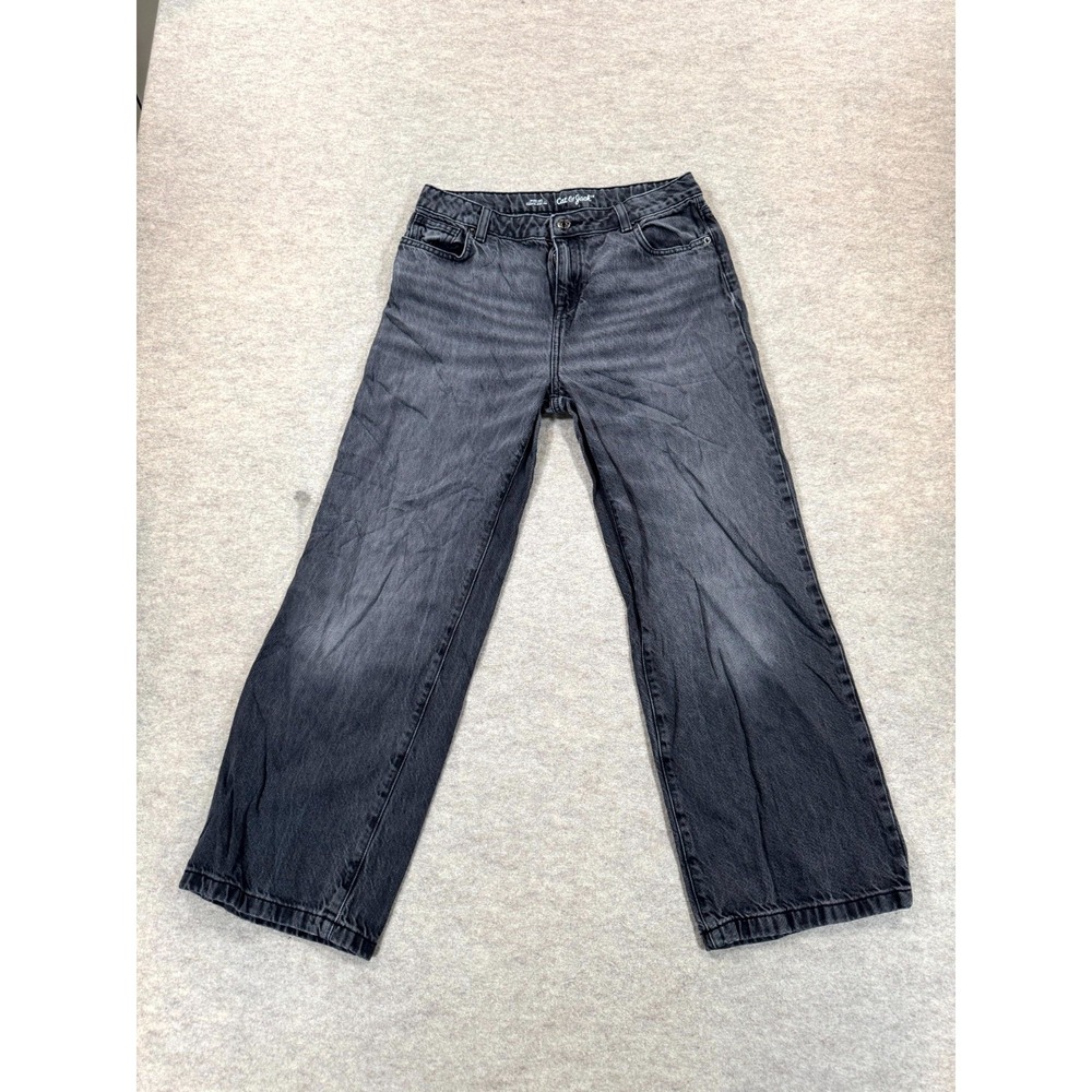 Cat & Jack Wide Leg Jeans Girls 16 Black Denim Dark Wash Logo Cotton Mid Rise